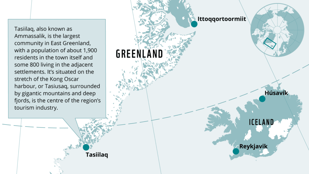 Map of Greenland with locations of communities Ittoqqortoormiit and Tasiilaq highlighted.